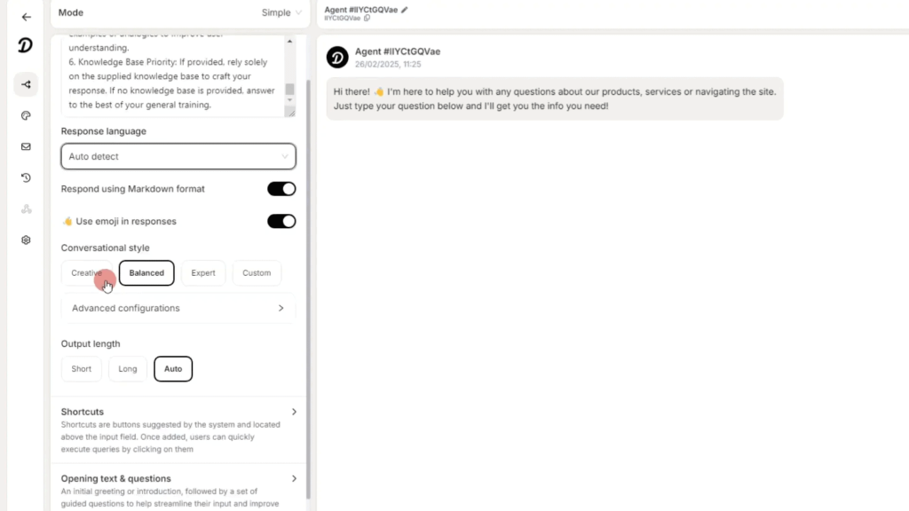 Open AI chat interface with a greeting message from a digital assistant asking for questions about products, services, or raising tickets. The response language is set to English.