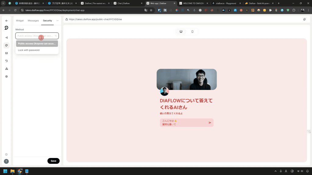 Screenshot of a webpage featuring a profile picture of a person on the right and Japanese text on a pink background. The left side shows web design tools and settings.
