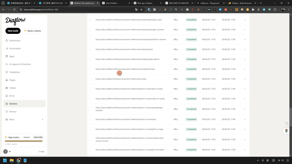 Screenshot of a webpage displaying a list of URLs with details including creation date, status marked as "Completed," and actions available for each entry on the Dialog platform interface.