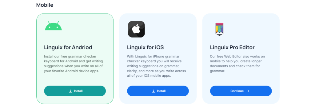 Image showing three Linguix product options: Android grammar checker, iOS keyboard, and Pro Editor for web. Each option has an "Install" or "Continue" button.