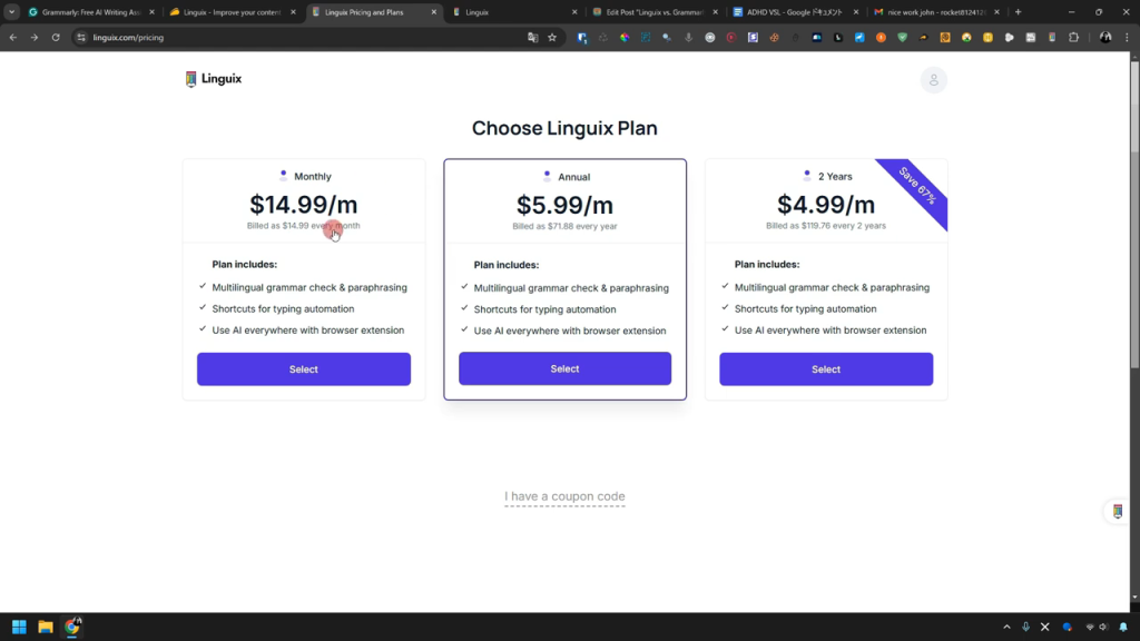Pricing plans for Linguix: Monthly at $14.99, Annual at $5.99 per month, and 2 Years at $4.99 per month. All include grammar checks, rephrasing, and browser extension.