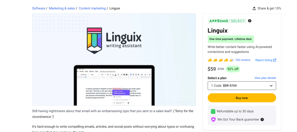 Screenshot of an AppSumo deal for Linguix writing assistant, showing a $59 price, 92% discount, and features like AI-powered corrections and suggestions.