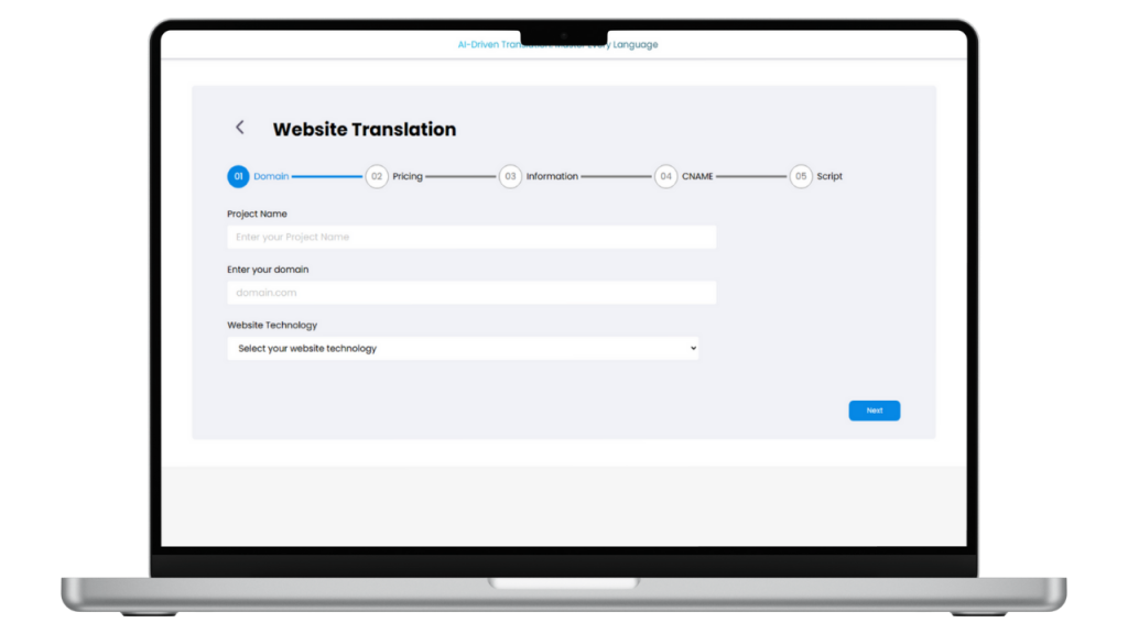 A laptop screen displays a website translation form with fields for project name, domain, and website technology.