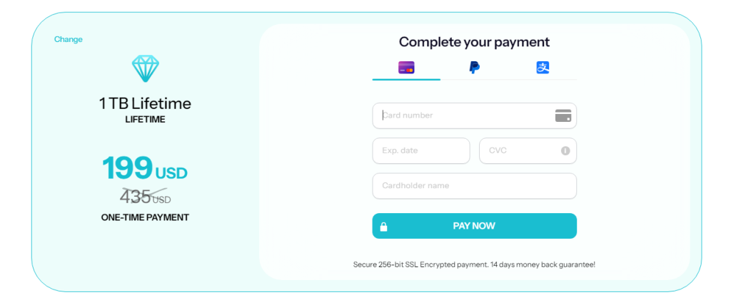 Payment form for a 1TB lifetime offer at 199 USD. Includes fields for card number, expiration date, CVC, and cardholder name. Options for credit card and PayPal payments available.