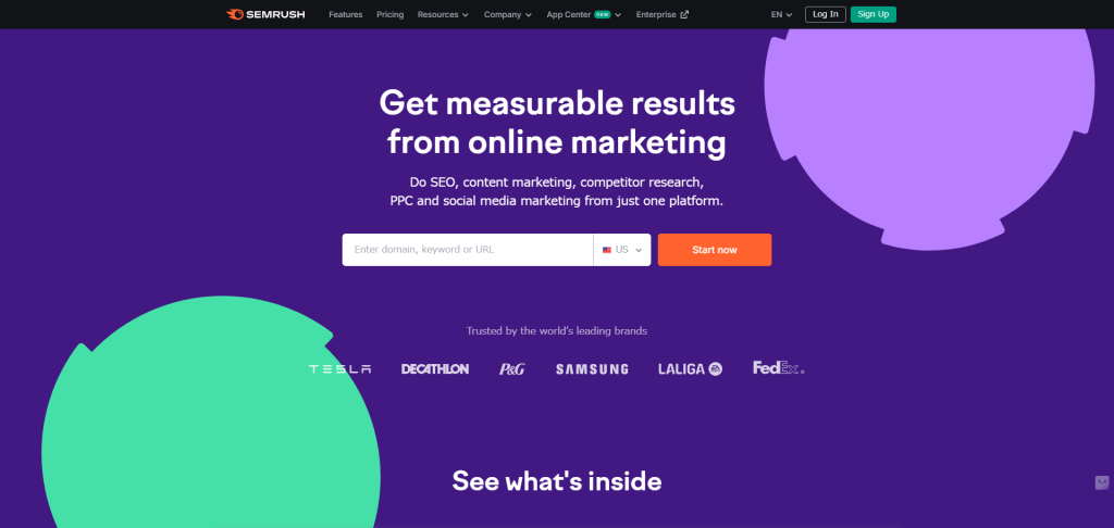 The image shows SEMrush's homepage with the text "Get measurable results from online marketing" and a search bar for entering a domain or keyword.