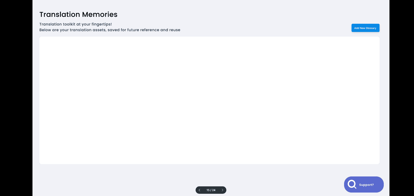 A blank translation memories screen with a top bar for navigation, a description text, and a "Back to Discovery" button. Bottom navigation shows a "Back" button and a support option.