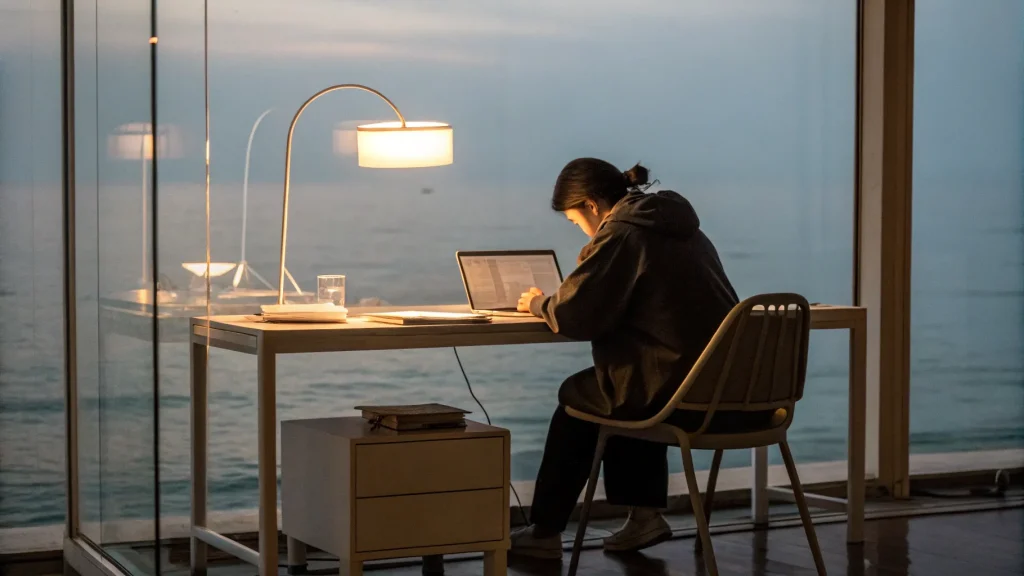 A person working on a laptop at a desk by large windows overlooking a body of water, with a lamp and books nearby.