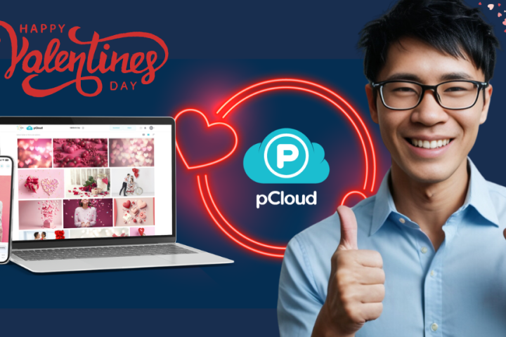 Man smiling and giving thumbs up next to a laptop and smartphone displaying Valentine's Day images, with a pCloud logo in the center.