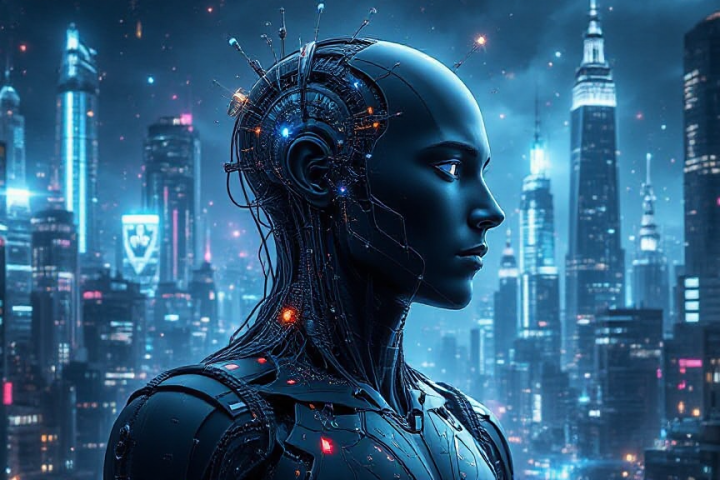 Futuristic humanoid robot with illuminated circuits stands against a vibrant cityscape at night.
