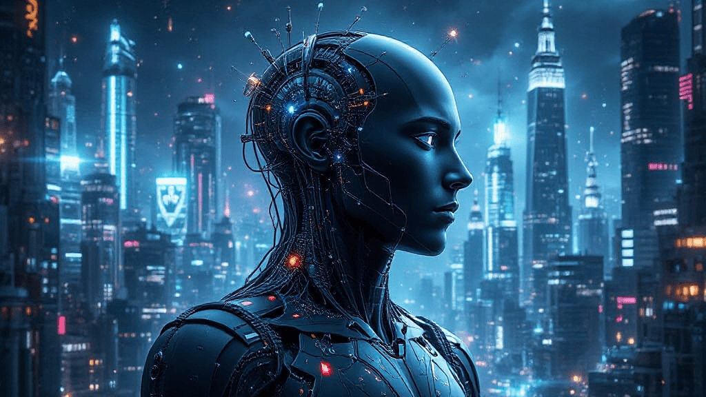 Futuristic humanoid robot with illuminated circuits stands against a vibrant cityscape at night.