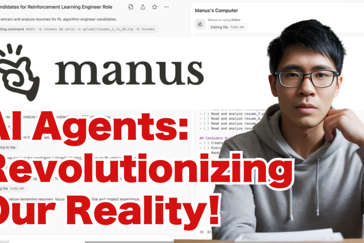 Young person with glasses sits at a desk with computer code on screens behind them. Overlay text: "AI Agents: Revolutionizing Our Reality!" and "manus" logo at the top.