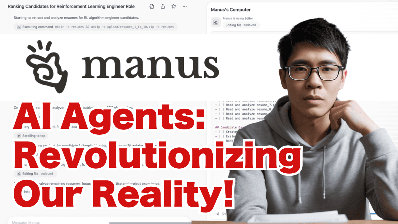 Young person with glasses sits at a desk with computer code on screens behind them. Overlay text: "AI Agents: Revolutionizing Our Reality!" and "manus" logo at the top.