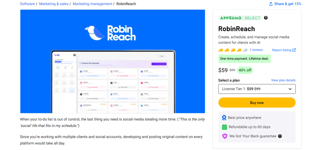 A webpage showing RobinReach software for scheduling social media content. The page includes pricing information and a software screenshot displaying a calendar interface.