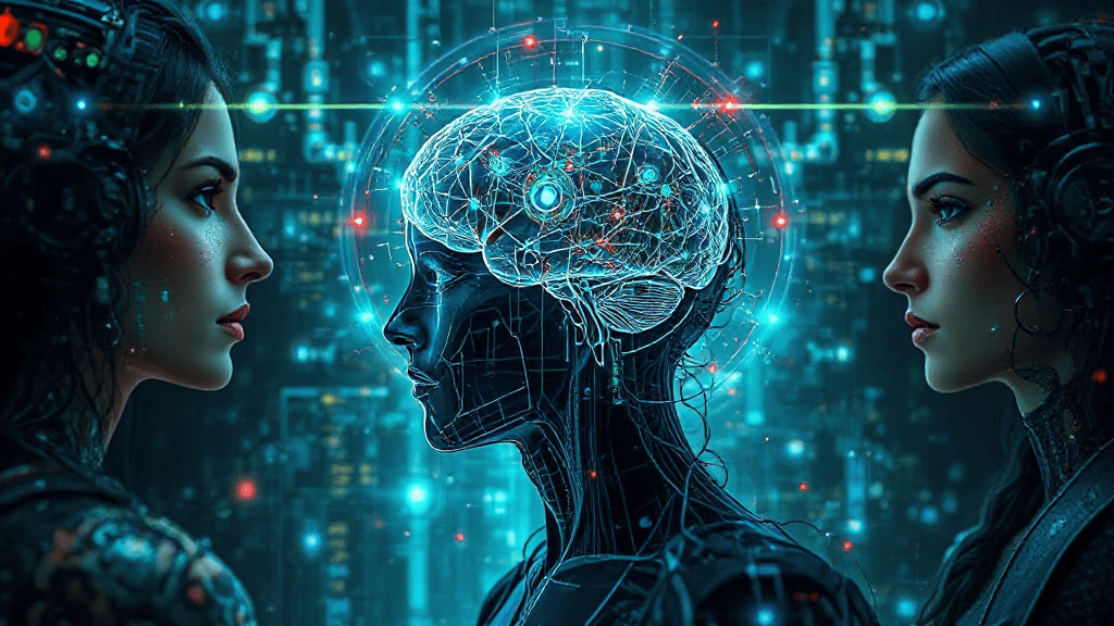 Two women face a central digital brain with blue circuitry background, illustrating a concept of human and artificial intelligence interaction.