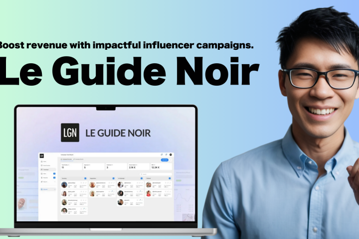 Man smiling and pointing, next to open laptop displaying Le Guide Noir software interface. Text: "Boost revenue with impactful influencer campaigns. Le Guide Noir.