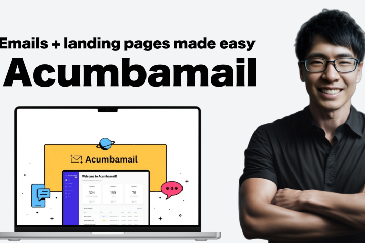 Laptop screen displaying Acumbamail interface with a smiling person standing beside it. Text above reads, "Emails + landing pages made easy. Acumbamail.