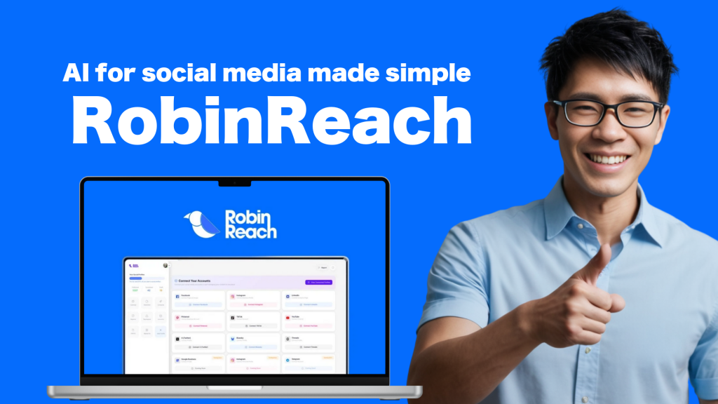 Man giving thumbs up beside a laptop displaying the RobinReach interface. Text reads "AI for social media made simple RobinReach" on a blue background.