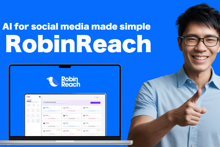 Man giving thumbs up beside a laptop displaying the RobinReach interface. Text reads "AI for social media made simple RobinReach" on a blue background.