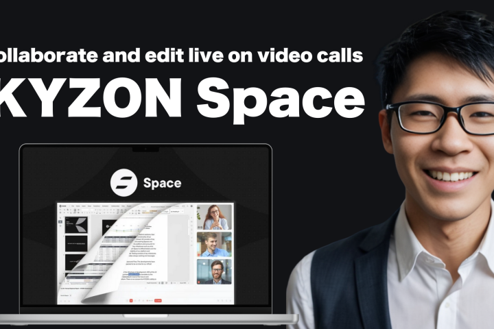 Laptop displaying a video call with document collaboration. Text reads, "Collaborate and edit live on video calls KYZON Space." Smiling person in glasses stands next to the laptop.