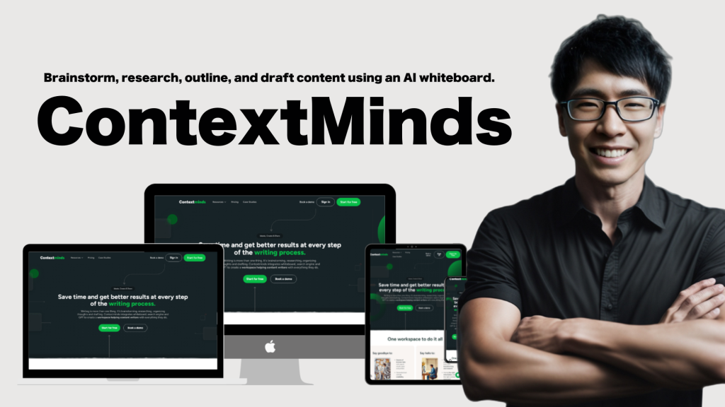 A person stands smiling with folded arms. In the background are screens displaying the ContextMinds website, featuring text about brainstorming and writing with an AI whiteboard.