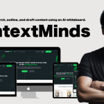 A person stands smiling with folded arms. In the background are screens displaying the ContextMinds website, featuring text about brainstorming and writing with an AI whiteboard.