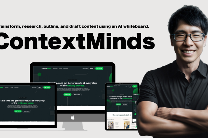 A person stands smiling with folded arms. In the background are screens displaying the ContextMinds website, featuring text about brainstorming and writing with an AI whiteboard.