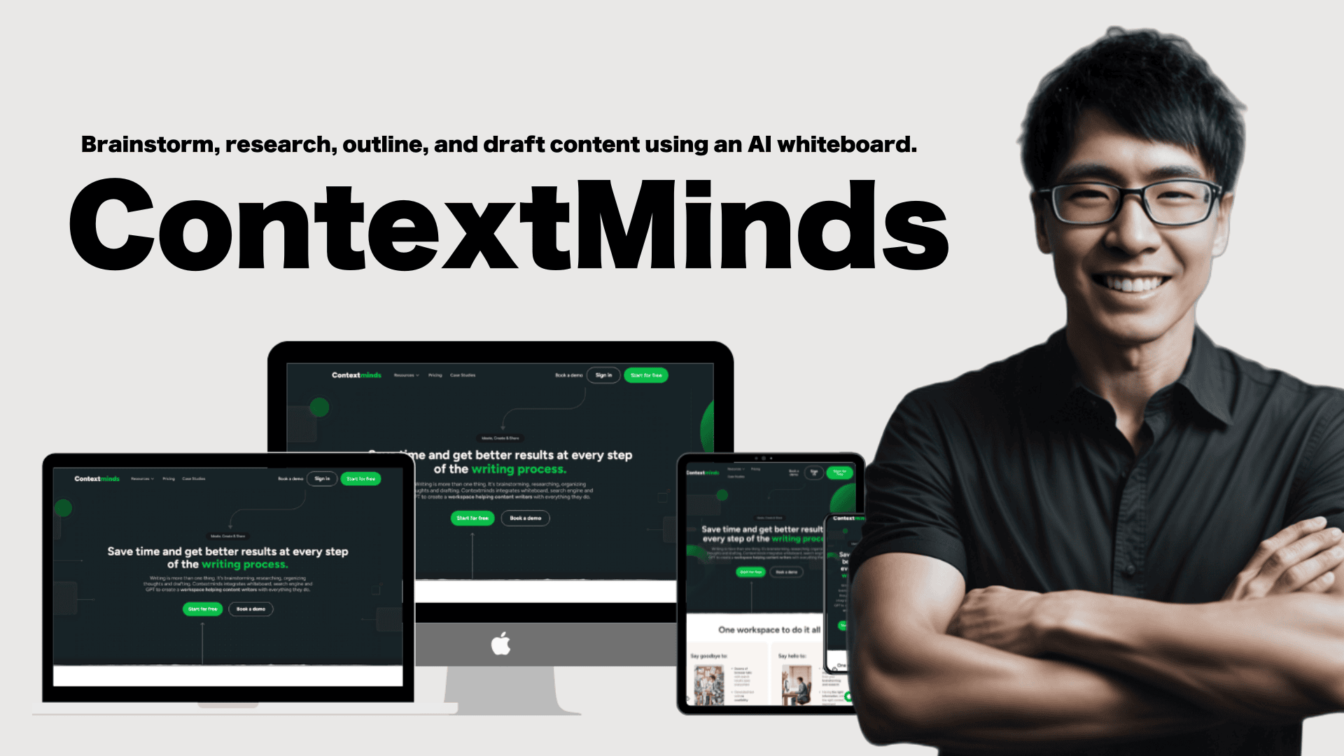 A person stands smiling with folded arms. In the background are screens displaying the ContextMinds website, featuring text about brainstorming and writing with an AI whiteboard.
