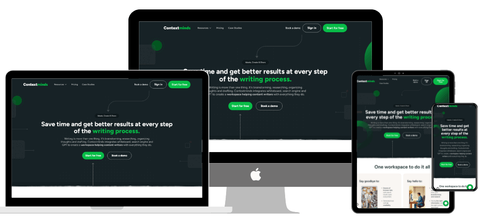 Responsive design mockup showing a website on a desktop, laptop, tablet, and smartphone. The website offers writing process enhancements with a green and black color scheme.