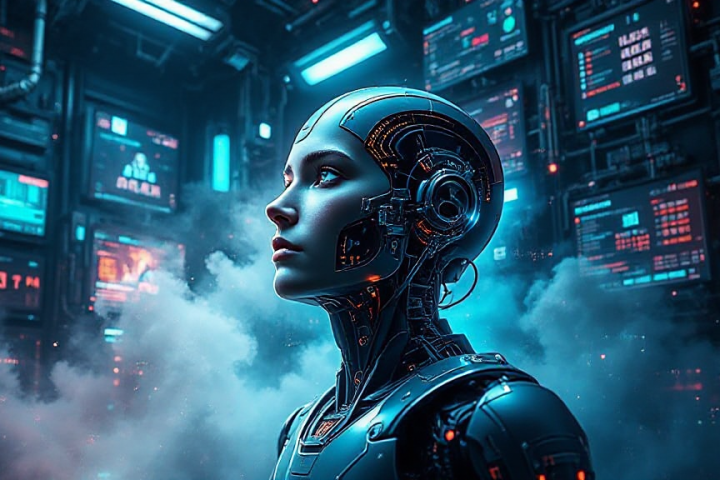 A humanoid robot with visible circuits and metallic features stands in a futuristic control room filled with glowing screens and fog.