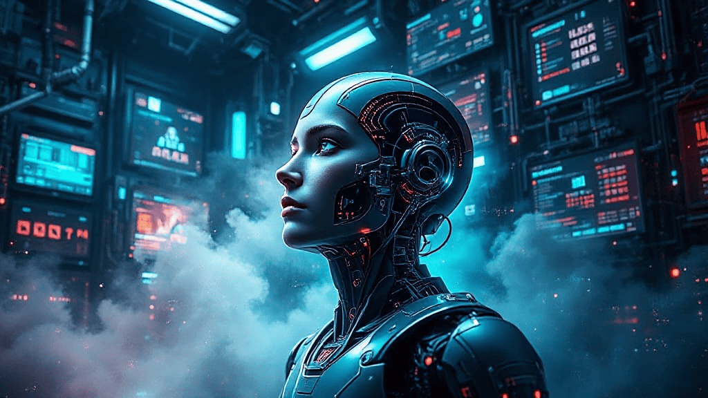 A humanoid robot with visible circuits and metallic features stands in a futuristic control room filled with glowing screens and fog.