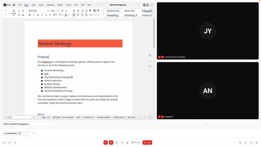 A video call interface shows a shared screen with a presentation on Market Strategy and two participant icons labeled JY and AN with muted microphones.