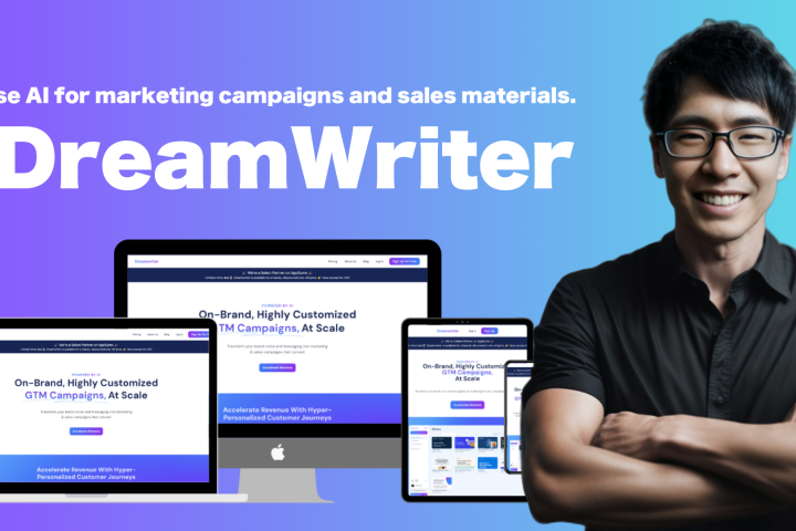 Man in glasses smiles with folded arms next to three screens displaying a marketing software interface. Text reads "Use AI for marketing campaigns and sales materials. DreamWriter.