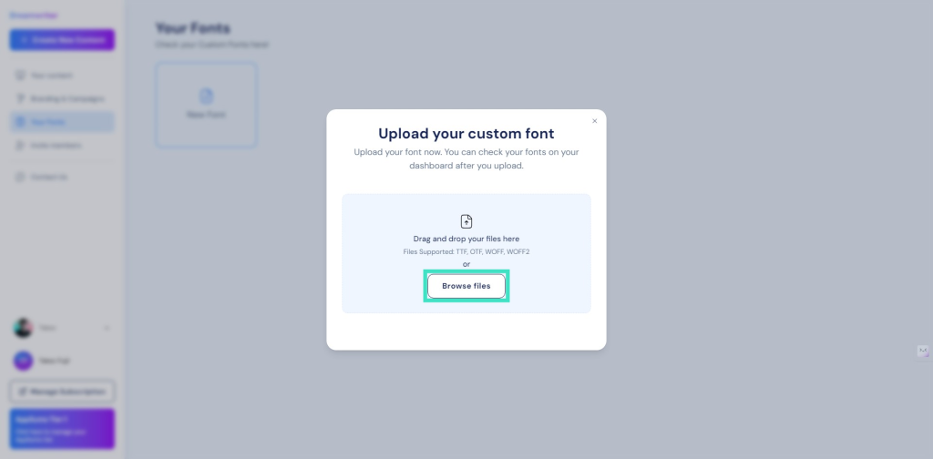 Screenshot of a font upload interface with a "Drag and drop" area and a "Browse files" button for adding custom fonts. Background interface elements are blurred.