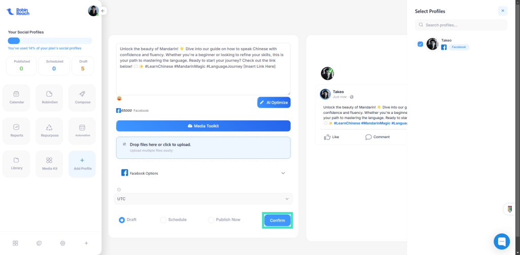 Social media management interface displaying a Facebook page with post editor on the right. The editor includes text and hashtags about learning Chinese. Left side shows profile statistics.
