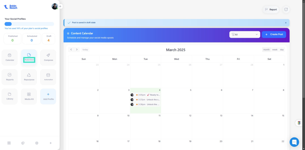 Social media management dashboard displaying a content calendar for March 2025. One post is scheduled for Monday, March 10th. Options to create posts and track profiles are visible.