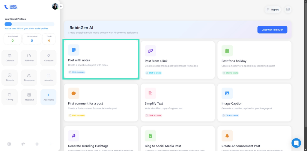 Screenshot of a user interface displaying different content options such as "Post with notes," "Post from a link," and "Post for a holiday" on a platform named RobinGen AI.