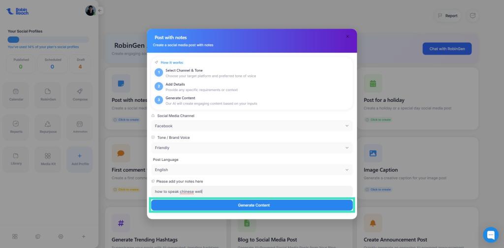 Screenshot of a content creation tool interface showing options for social media channels, content type, brand voice, language, and an input field for describing the post.