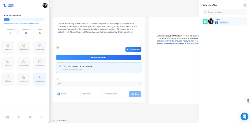 Screenshot of a social media management platform featuring options for selecting profiles, writing posts, and scheduling content. A sidebar displays social profiles and performance metrics.