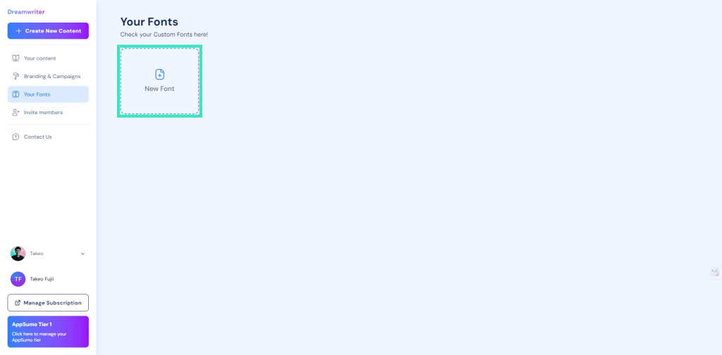 Screenshot of a web page showing a "Your Fonts" section with an option to create a "New Font" and various navigation links on the left side.