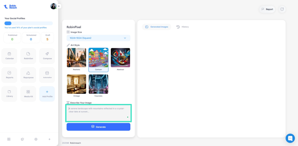 A software interface displaying an image generation tool with options like realistic, cartoon, and animal. A preview shows a landscape image description.