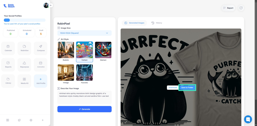 A design interface displays a T-shirt with a cartoon cat and "Purrfect Catch" text. Options for artwork categories and shirt styles are shown on the left side.