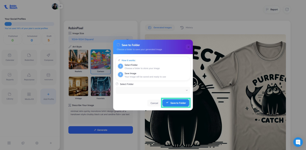 Screenshot of a digital design platform showing a pop-up menu for saving an image to a folder, with options to select folders and save the image. A cat-themed graphic is displayed on the right.
