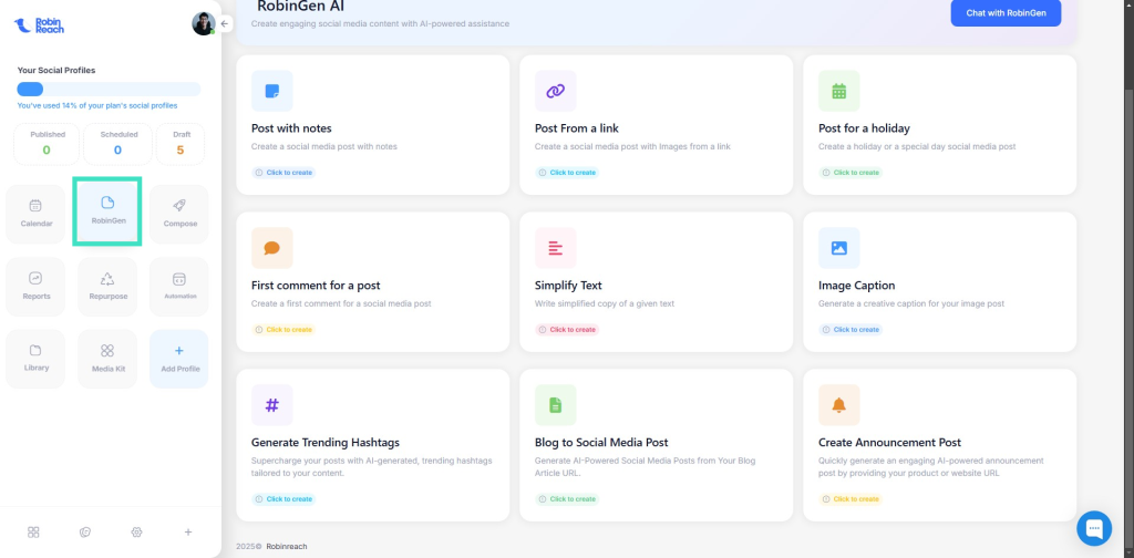 Screenshot of RobinGen AI dashboard displaying various content creation options like Post with Notes, Image Caption, and Generate Trending Hashtags. The interface includes menu tabs on the left.
