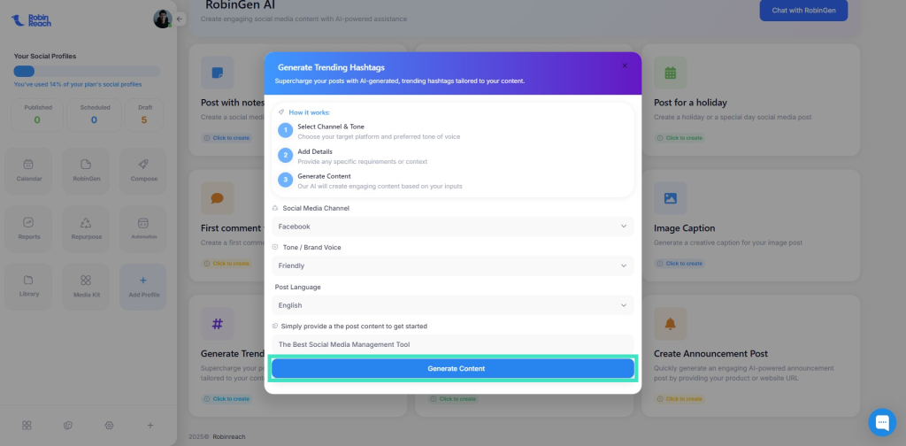 A digital interface displaying options for generating trending hashtags. Selections include channel type, post voice, language, and specify content needs. A "Generate Content" button is visible.