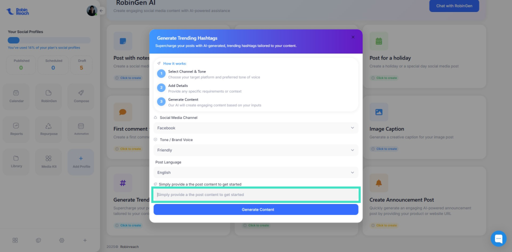 A screen displays an AI tool interface titled "Generate Trending Hashtags," with input options and a "Generate Content" button.