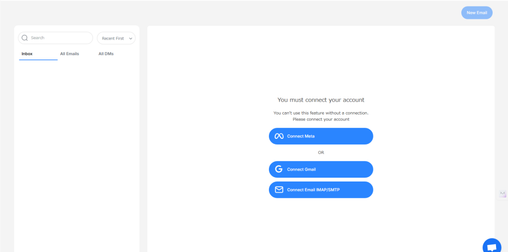 Email interface prompting user to connect their account with options for Meta, Gmail, or IMAP/SMTP.
