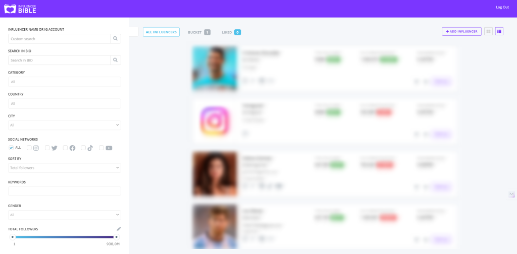 Screenshot of a platform dashboard showing influencer profiles with filters for search parameters like category, location, and social network, alongside options to sort and adjust audience size.