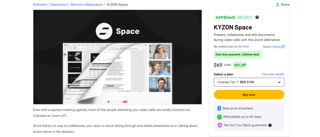 KYZON Space software page showcasing a workspace with a presentation on a computer screen, pricing details, and purchase options on the right side.