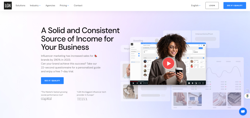 Website screenshot featuring a headline about influencer marketing. A woman holds a phone, and there is a video play button overlaid on her image. Side menu displays options like Scouting and Insights.