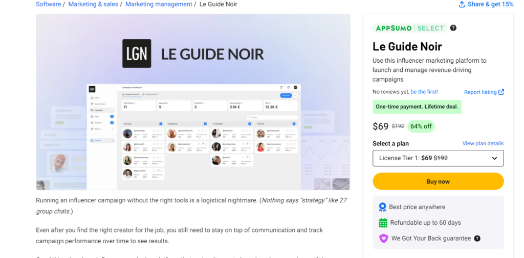 Screenshot of the Le Guide Noir page on AppSumo, featuring a software description, pricing options, and a "Buy now" button.